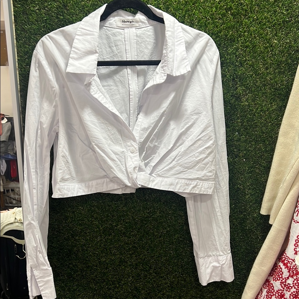Showpo White Tie Front Long Sleeve Crop Shirt